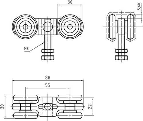 Ophangset schuifdeur - plafondmontage - serie 0 tot 200 kg - art. 352001-2