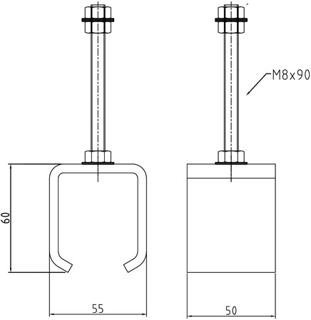 451286/90mm: RVS raildrager met draadeind M8 90 mm - plafondmontage - serie 1 RVS tot 600 kg-2