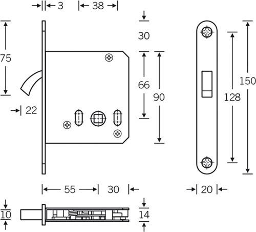 Schuifdeurslot SSF serie 71 vrij/bezet afmetingen